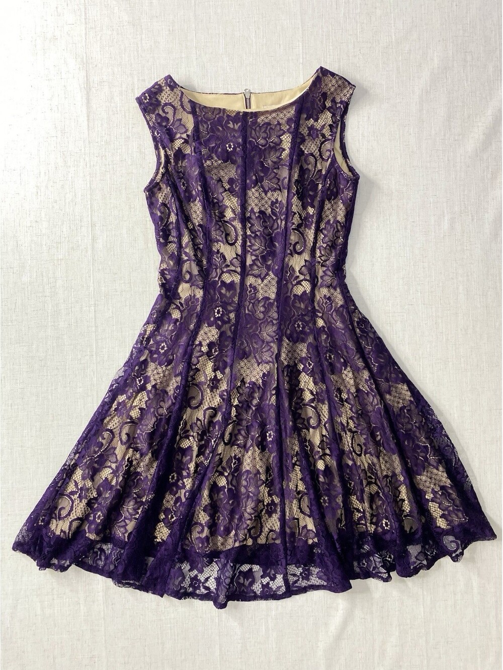 db established 1962 Purple Womens 6 Lace Dress Fit Flare Coquette Nude Line Zip